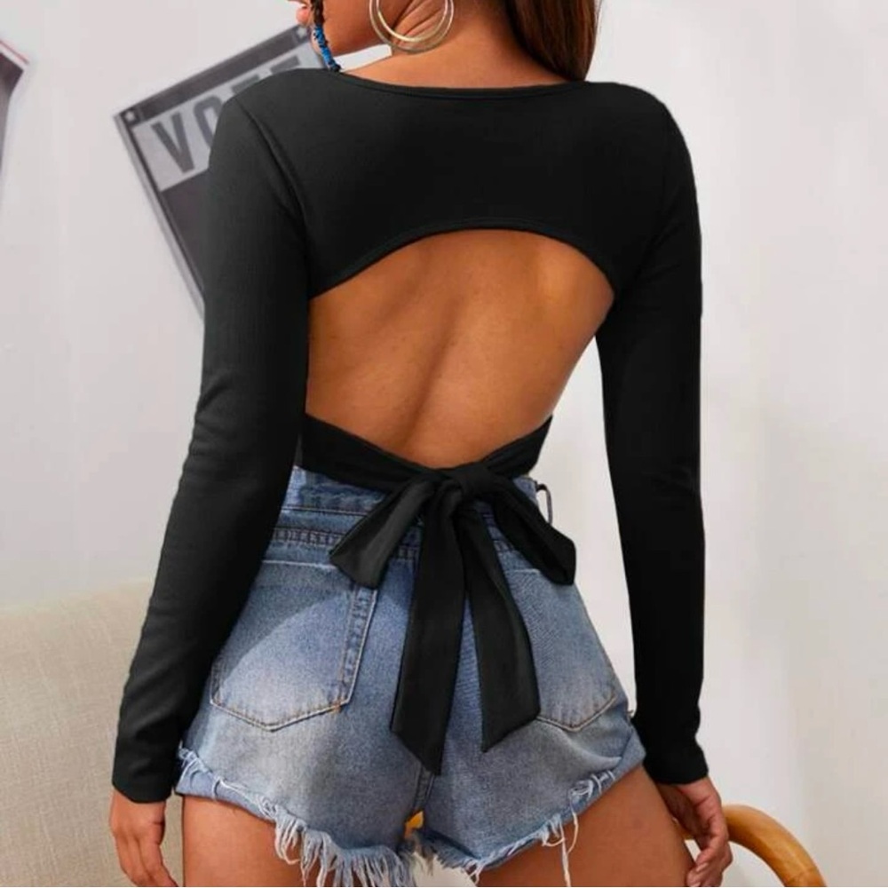 Shein Black V-Neck Tied Open Back Crop Top